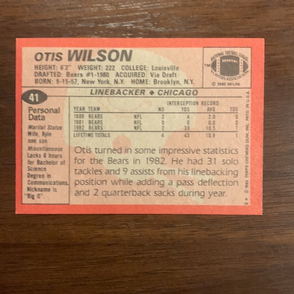 Otis Wilson 1983 Topps Base Rookie Card #41 - Picture 2 of 2